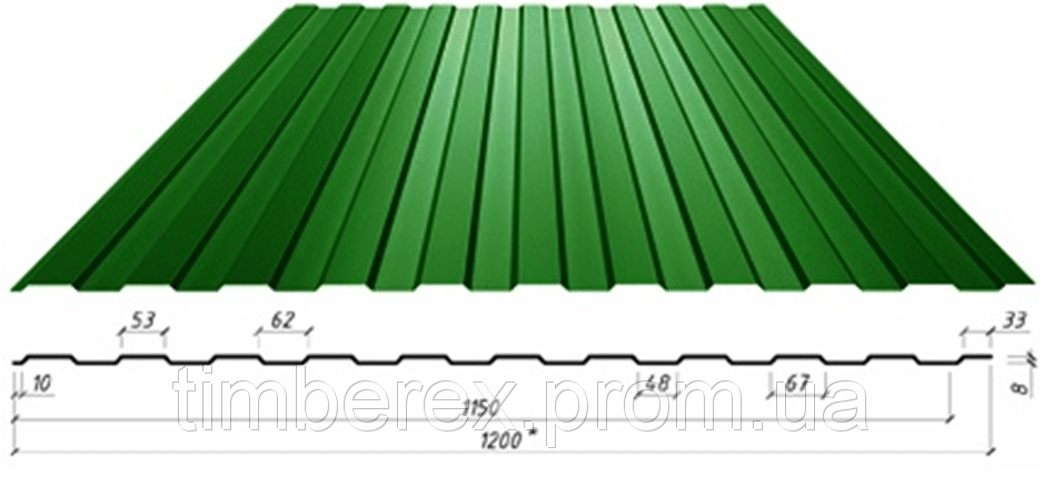Профилированный лист С-8 зелёный 2000х1200х0,4 мм RAL 6005